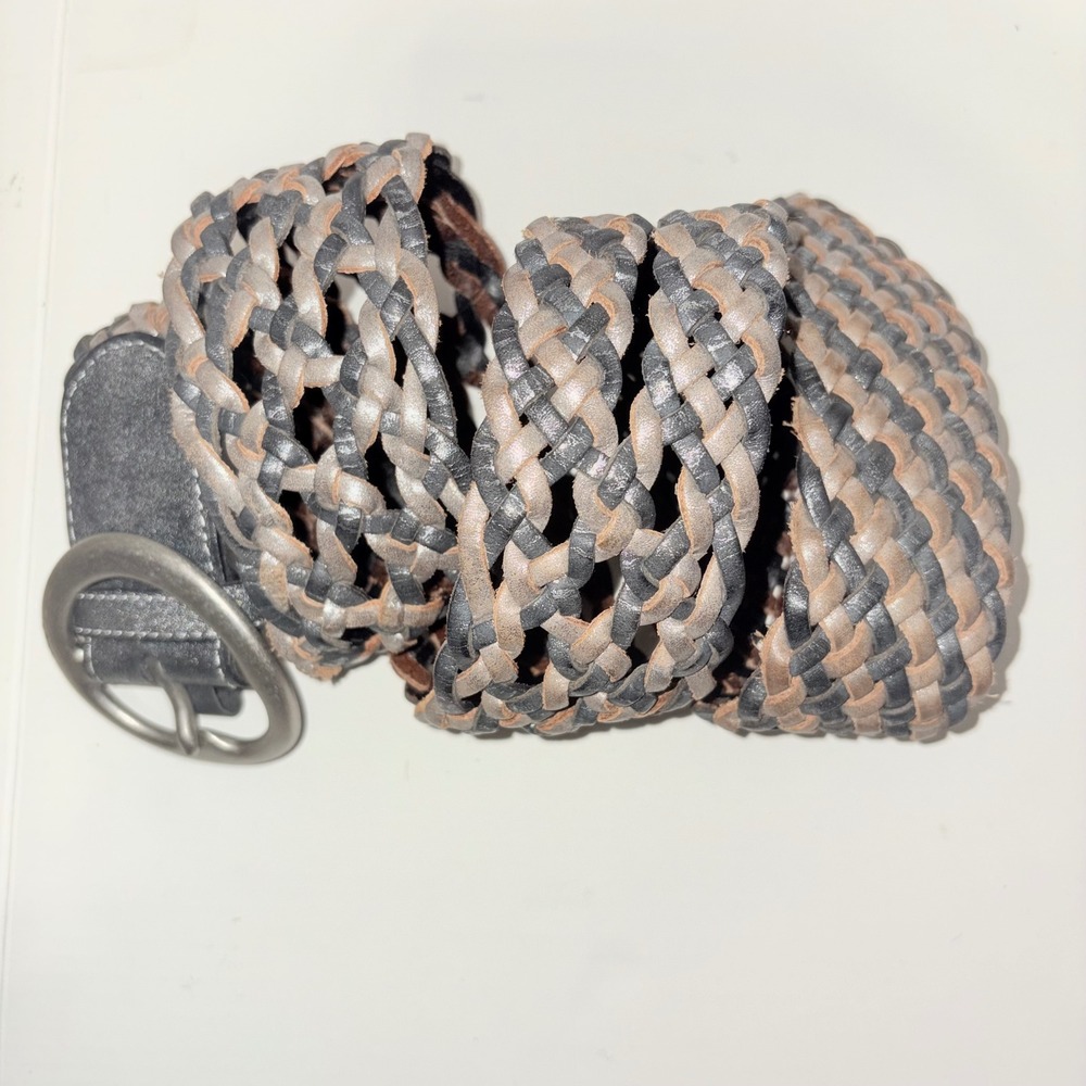 Linea Pelle Vintage Genuine Leather Woven Belt Gray Brown Silver Buckle